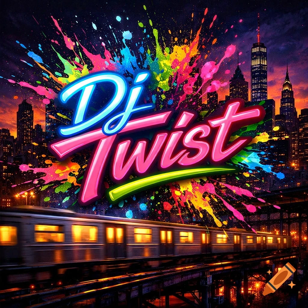 Vibrant neon 'Dj Twist' lettering over a colorful paint splatter background, with an NYC skyline and a train passing by at night.