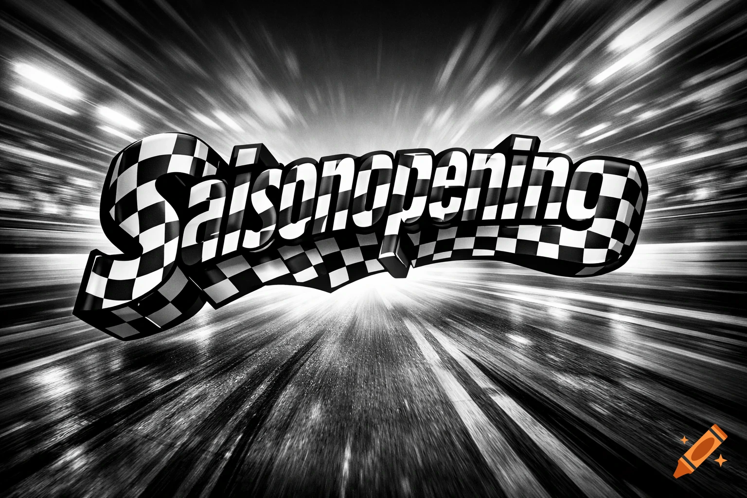 The 3D text "Saisonopening" in a black and white checkered flag pattern, against a motion-blurred background.