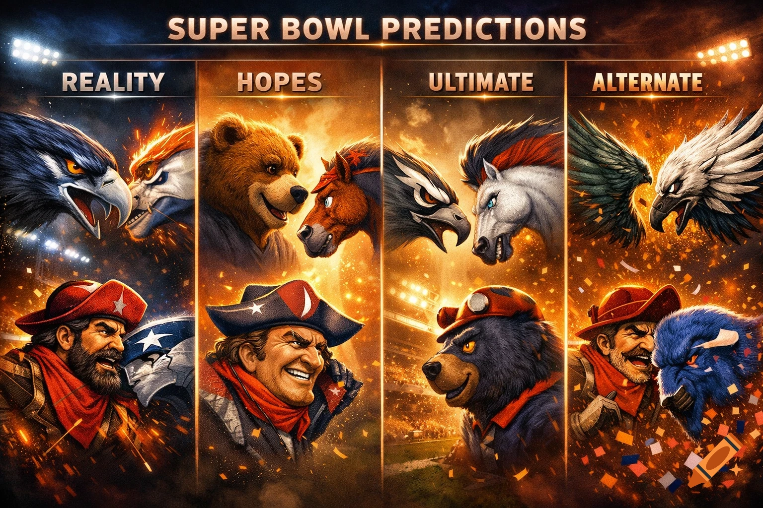A Super Bowl predictions graphic divided into four panels: Reality, Hopes, Ultimate, and Alternate, featuring competing animal mascots and human figures.