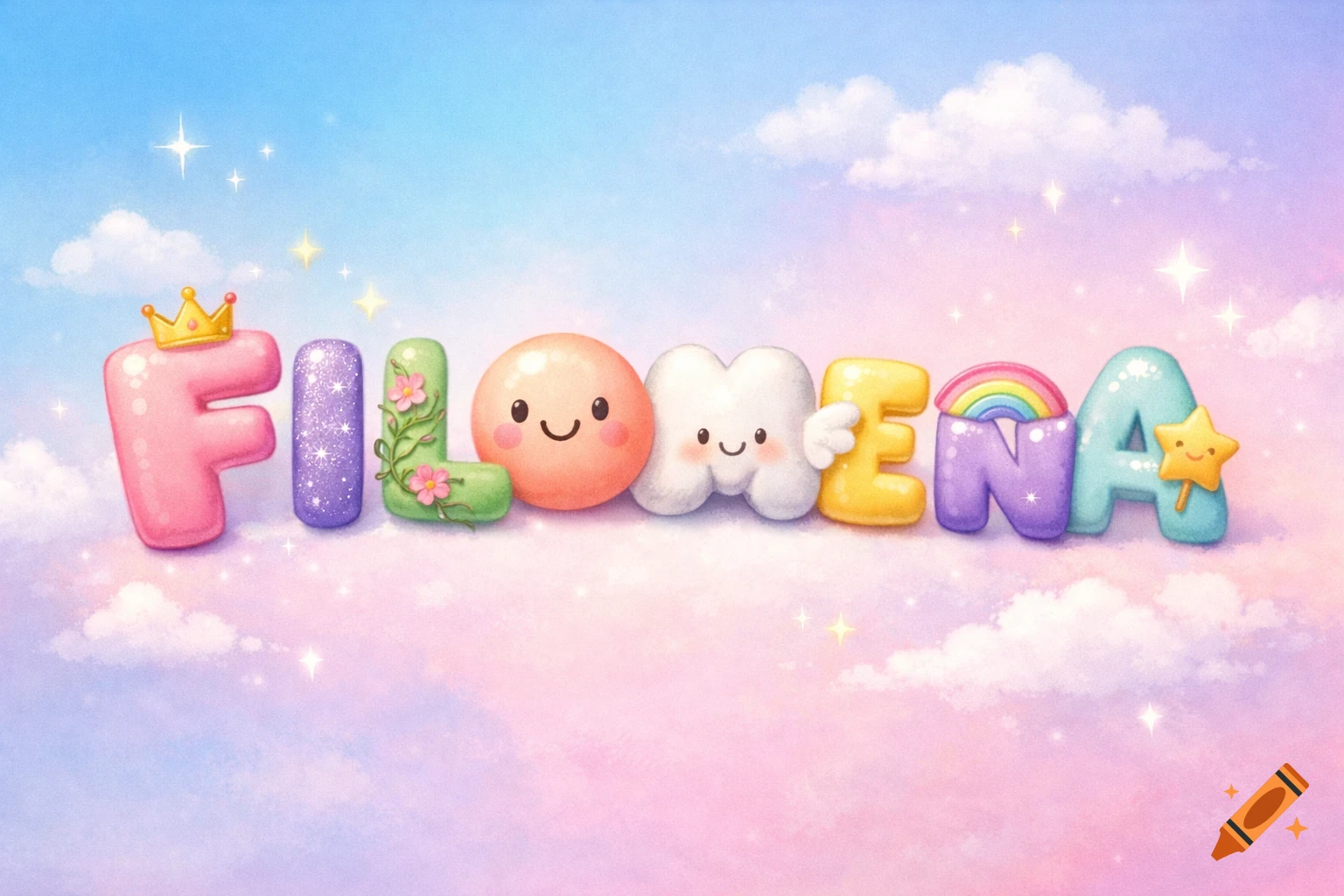 Colorful, whimsical 3D letters spelling "FILOMENA" adorned with a crown, glitter, flowers, faces, rainbow, and star, on a pastel cloudy sky.