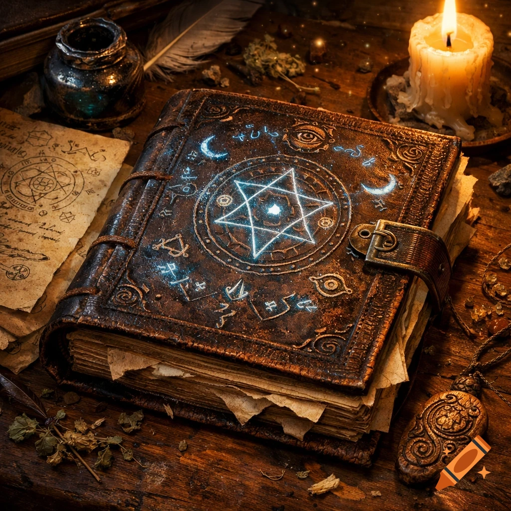 Old, ornate leather-bound magician's journal with glowing arcane symbols, open parchment, quill, inkpot, and a lit candle on a wooden table.