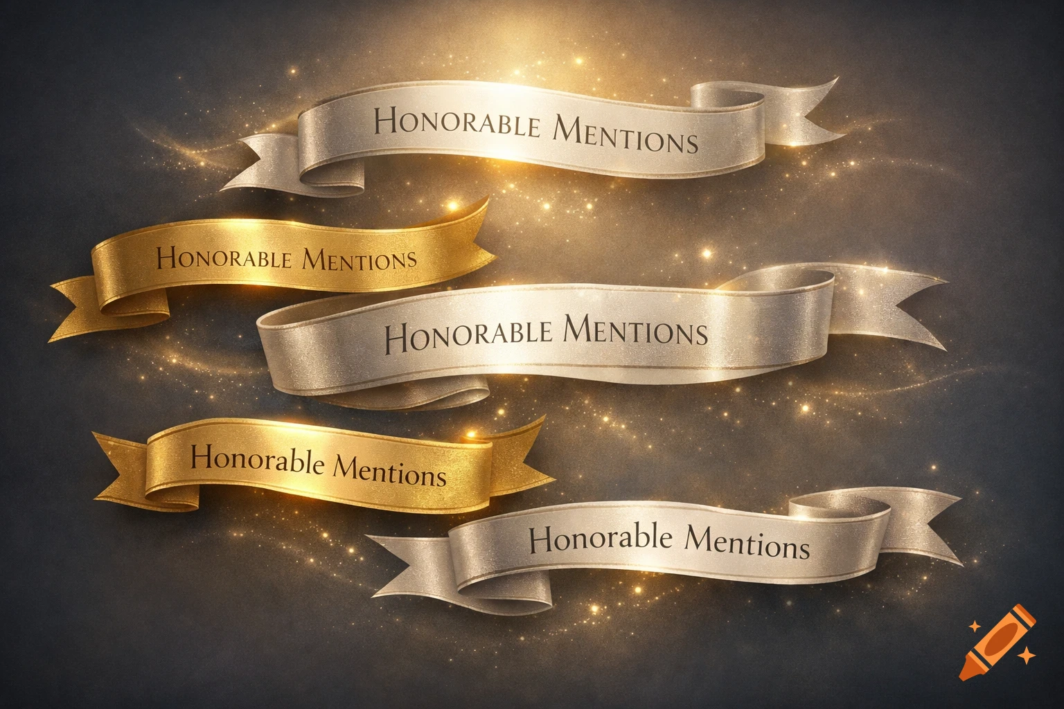 Shimmering gold and silver banners with "Honorable Mentions" text glowing against a dark, sparkling background.