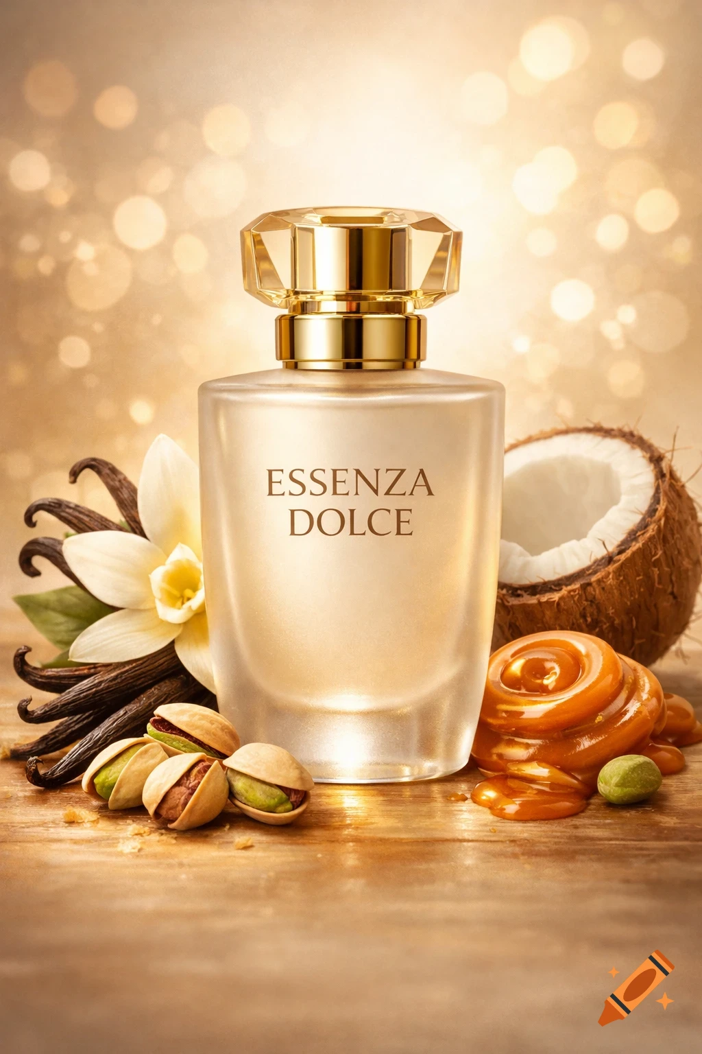 Photorealistic perfume bottle labeled 'ESSENZA DOLCE' with vanilla, coconut, pistachios, and caramel on wood, golden bokeh background.