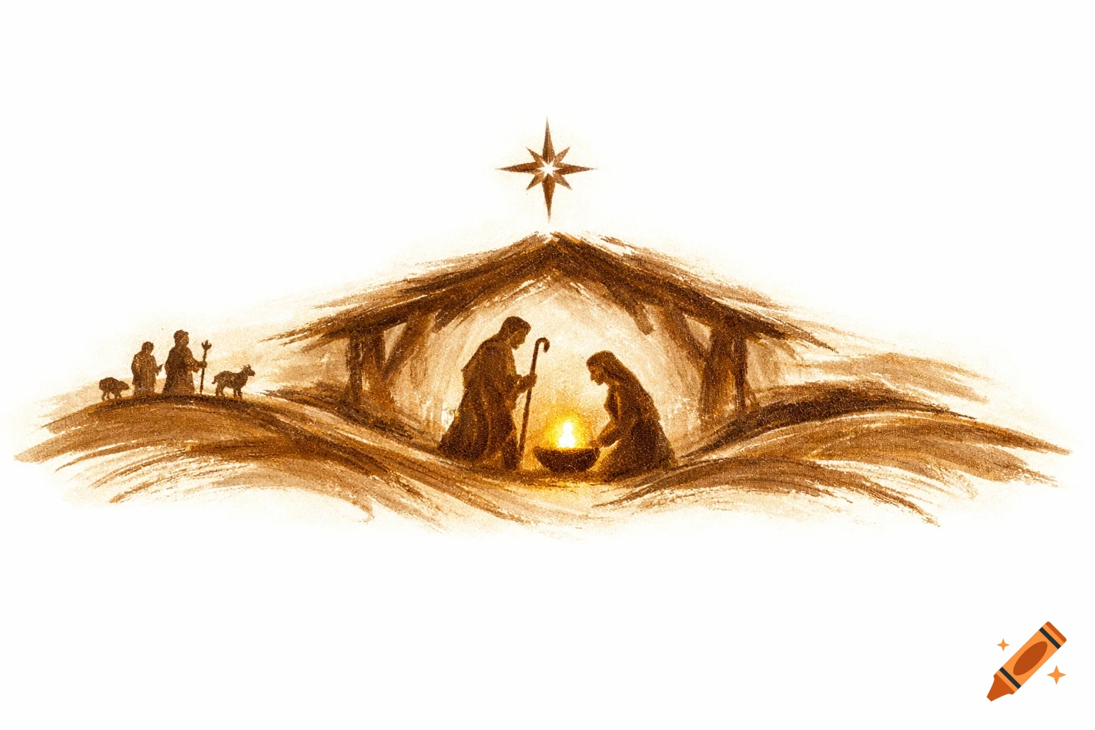 Sepia-toned artistic illustration of a nativity scene with Mary, Joseph, shepherds, and a star above a stable.