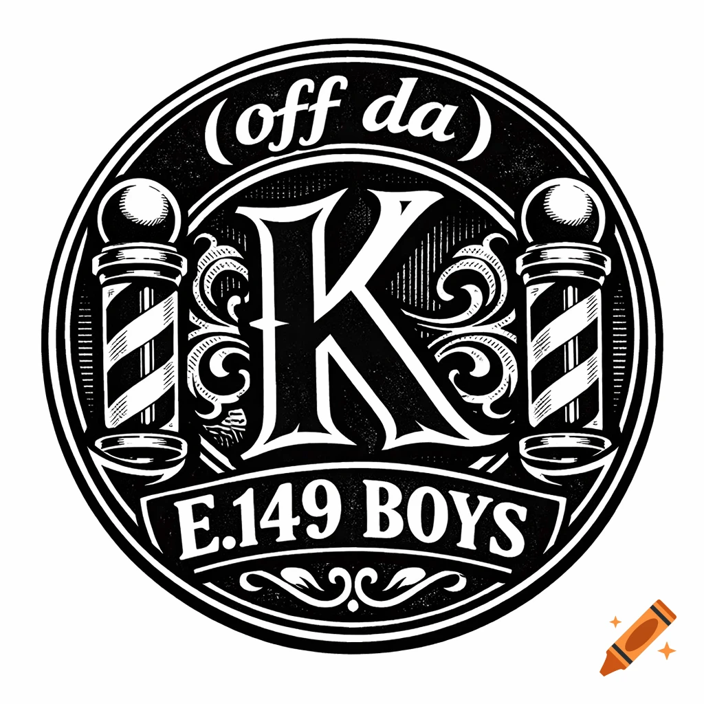 Black and white vintage barber shop logo with a capital K, 'E.149 BOYS', '(off da)', and two barber poles.