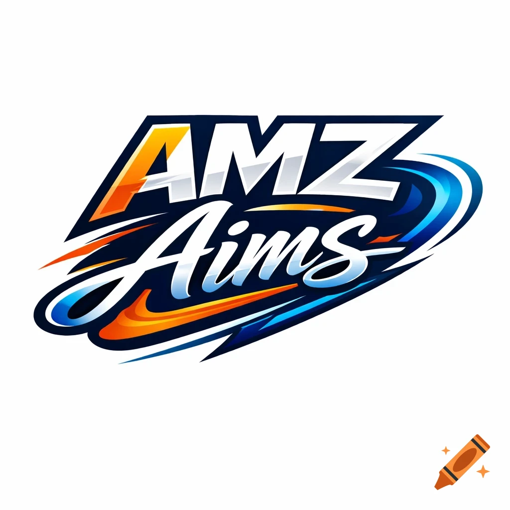 Modern vector logo for AMZ Aims in vibrant orange, blue, and white, featuring bold 'AMZ' and cursive 'Aims' text with dynamic swooshes.