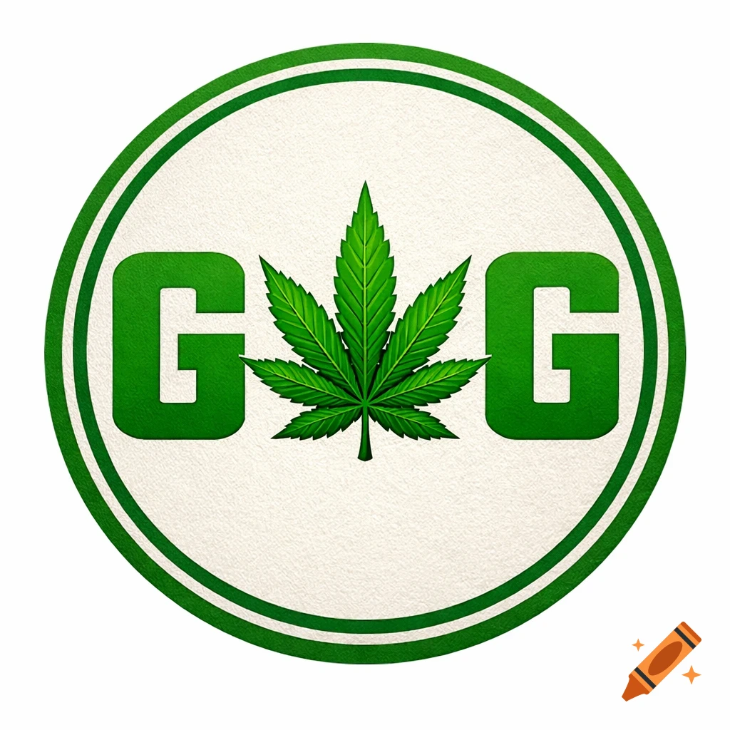 A circular logo with two green 'G's flanking a central green cannabis leaf on a textured off-white background, bordered by double green rings.