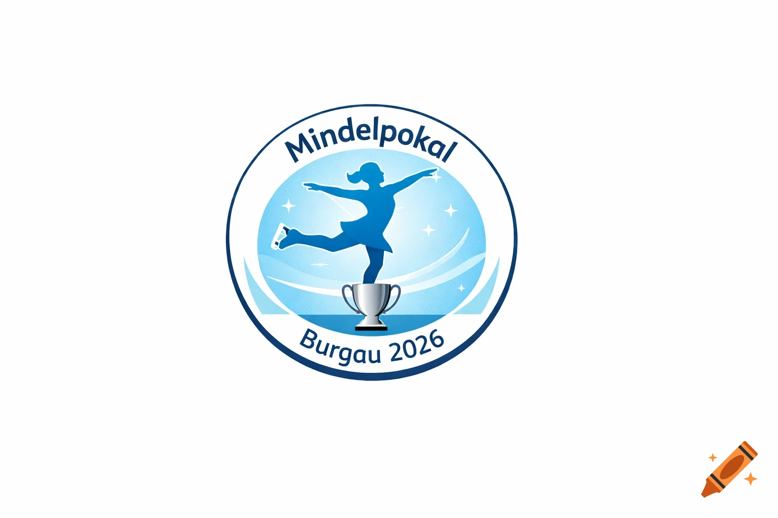 Round logo for 'Mindelpokal Burgau 2026' ice skating event, featuring a blue figure skater over a silver trophy.