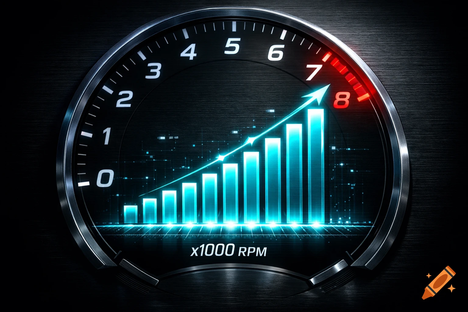 A close-up of a digital RPM gauge displaying a glowing blue bar graph with an upward trend arrow, indicating growth.