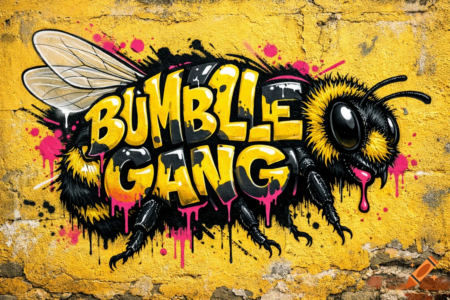 A vibrant graffiti art bumblebee with its body formed by yellow and black text "BUMBLEGANG" on a textured yellow wall, accented with pink paint drips.