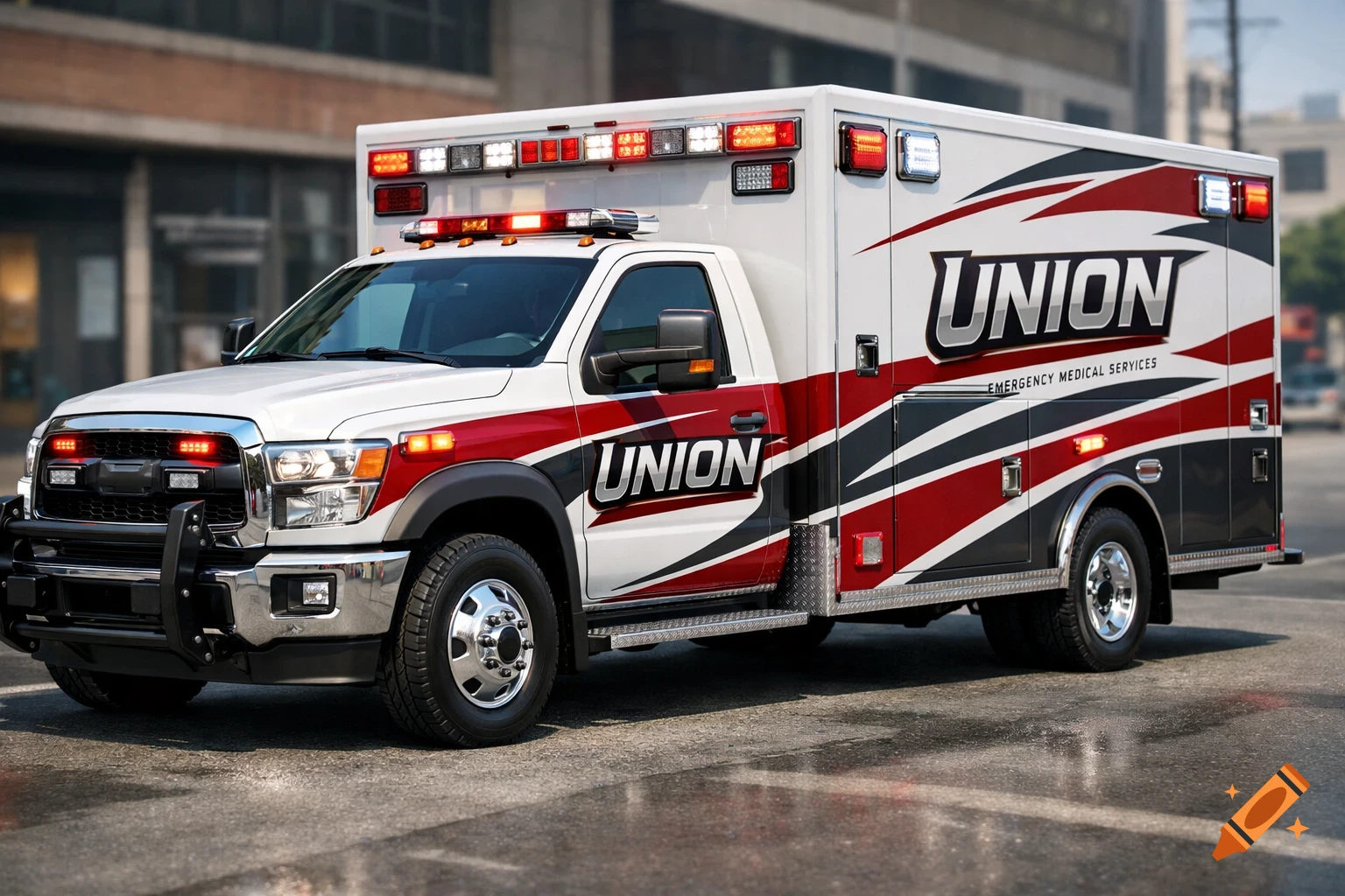 A white ambulance with red and dark gray accents, featuring "UNION Emergency Medical Services" text on its side, parked on an asphalt road.