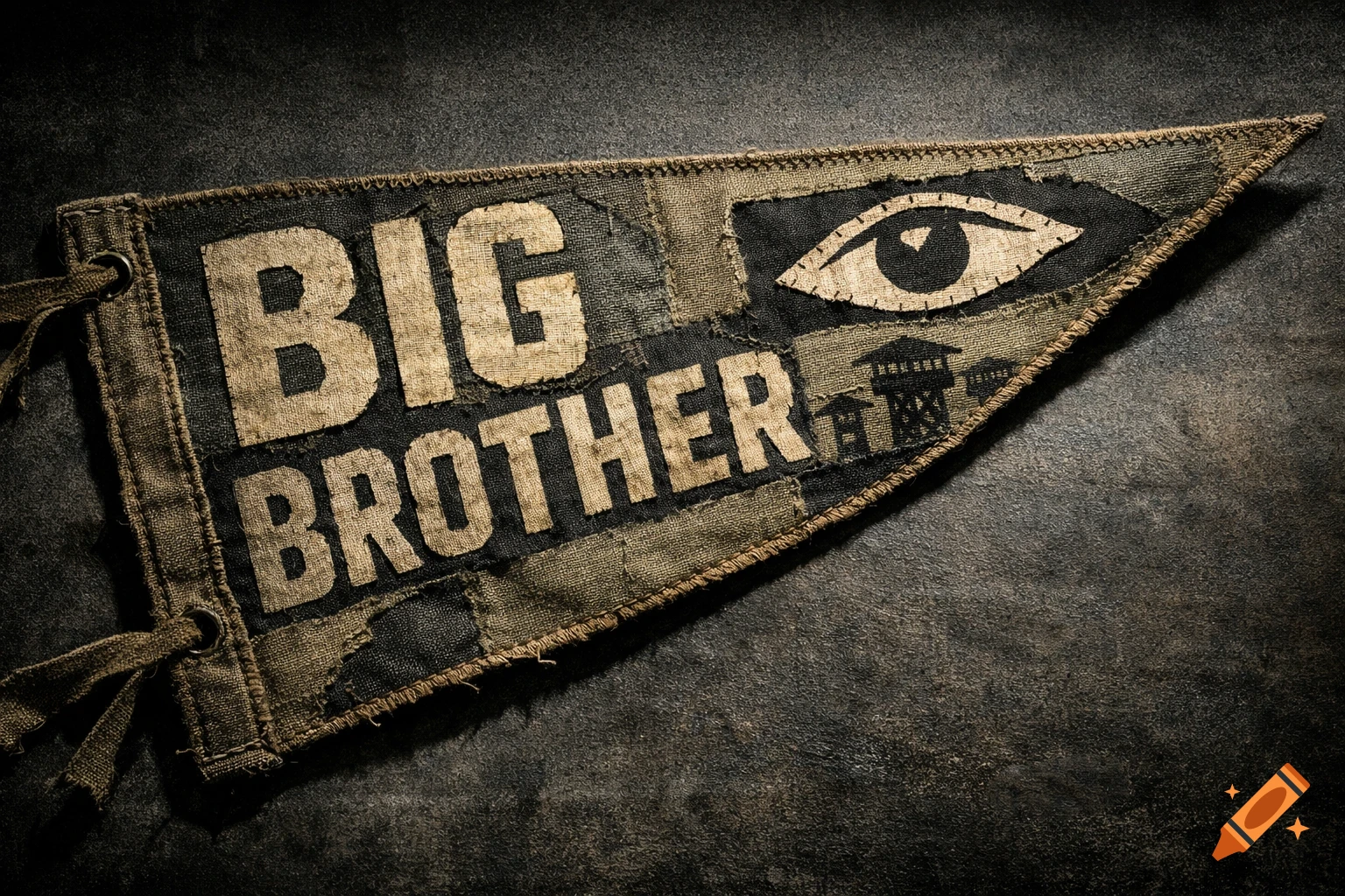 A distressed, handmade-style pennant featuring 'BIG BROTHER' text, an eye symbol, and watchtowers on a dark textured background.