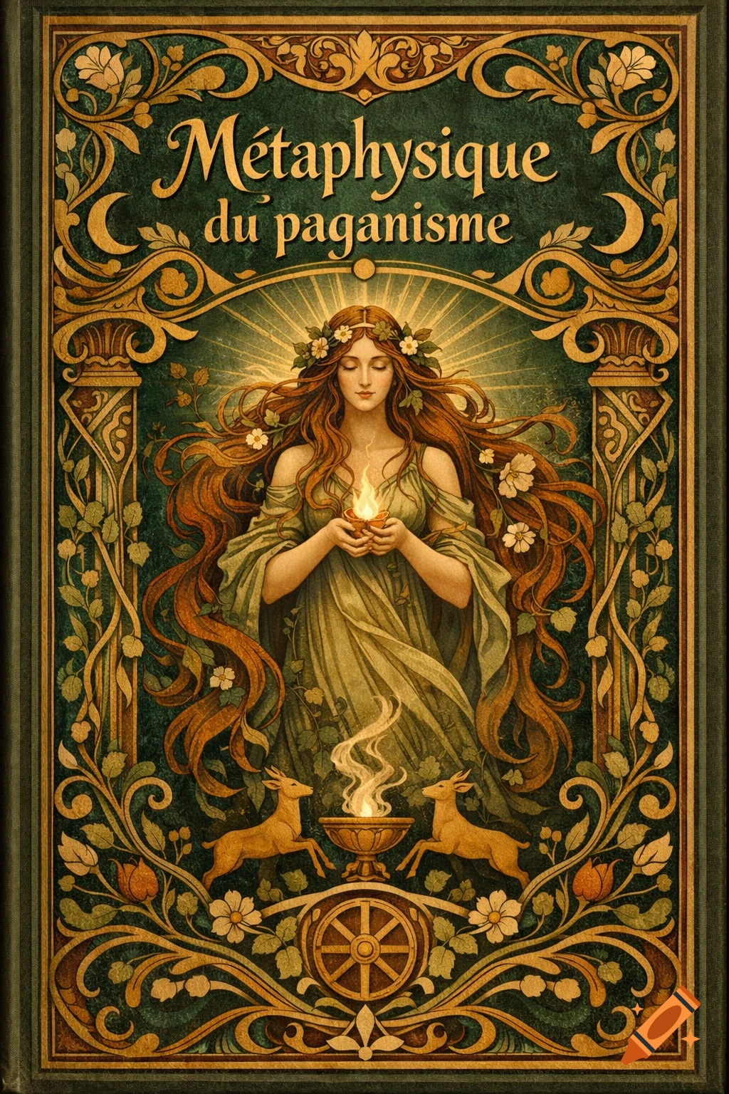 An ornate Art Nouveau book cover depicting a goddess-like woman with long hair and flowers, holding a flame, flanked by deer and foliage.