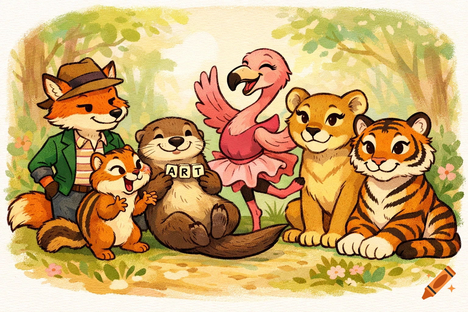 A cute storybook illustration of animal friends: a fox, chipmunk, otter holding ART tiles, flamingo, lioness, and tiger in a forest.