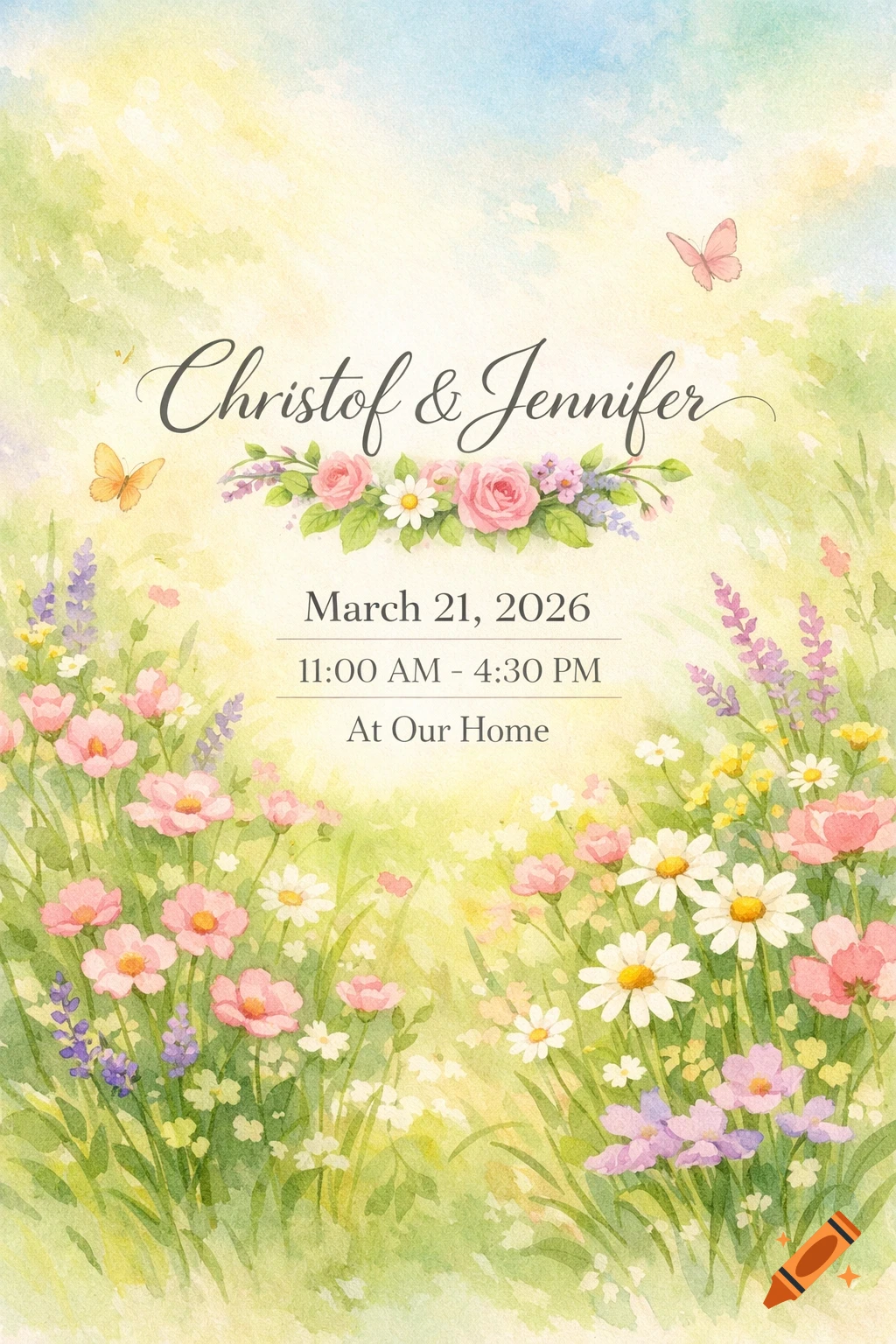 Watercolor spring floral invitation with names, date, time, and location amidst pink and white flowers and butterflies.