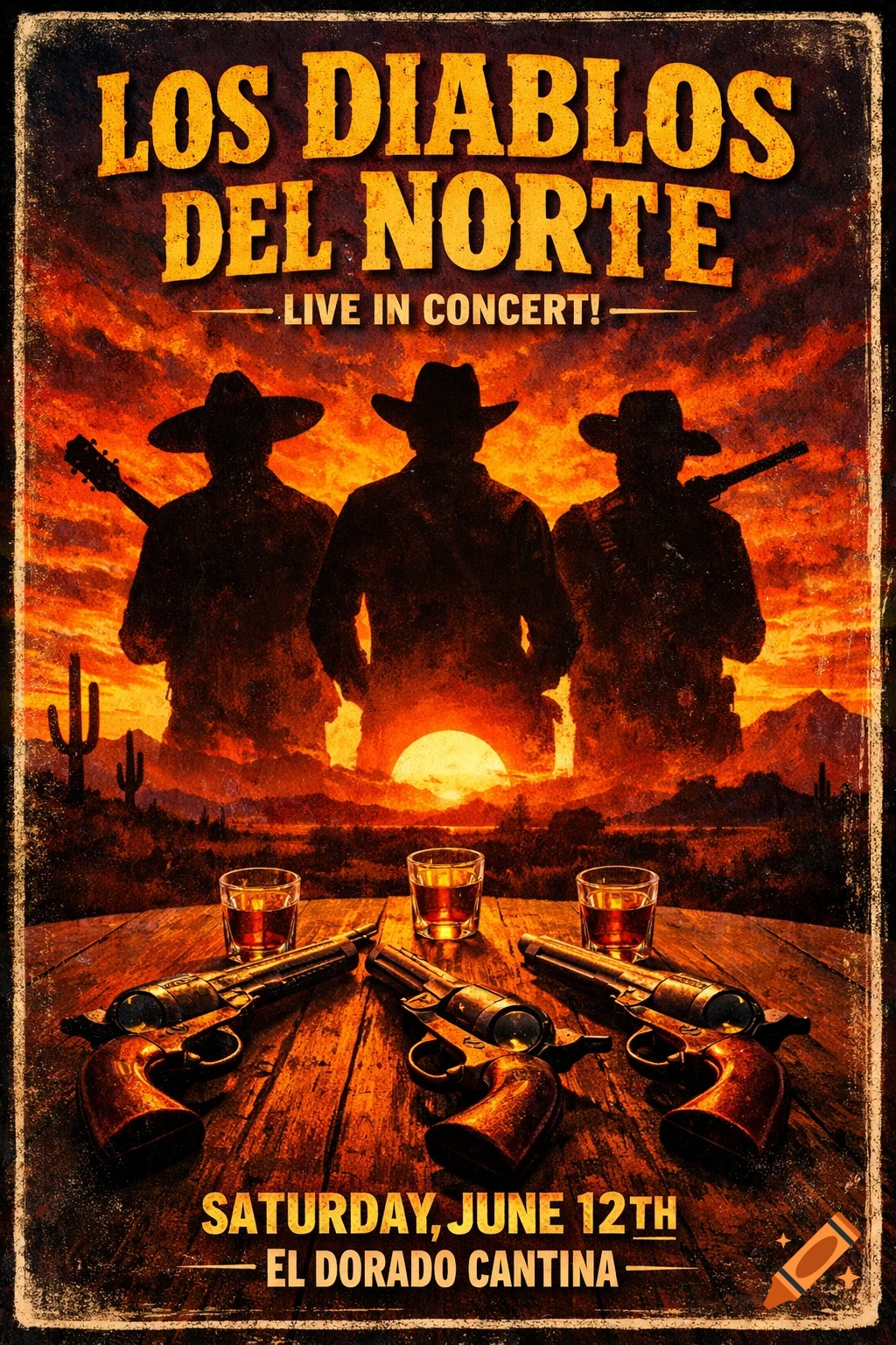 A rustic concert poster for "LOS DIABLOS DEL NORTE LIVE IN CONCERT!" featuring three cowboy silhouettes against an orange sunset desert landscape, with three revolvers and three glasses of whiskey on a wooden table in the foreground.