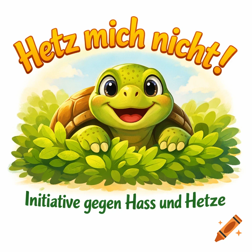 A friendly cartoon turtle peeks from green bushes, with the text "Hetz mich nicht!" above and "Initiative gegen Hass und Hetze" below.