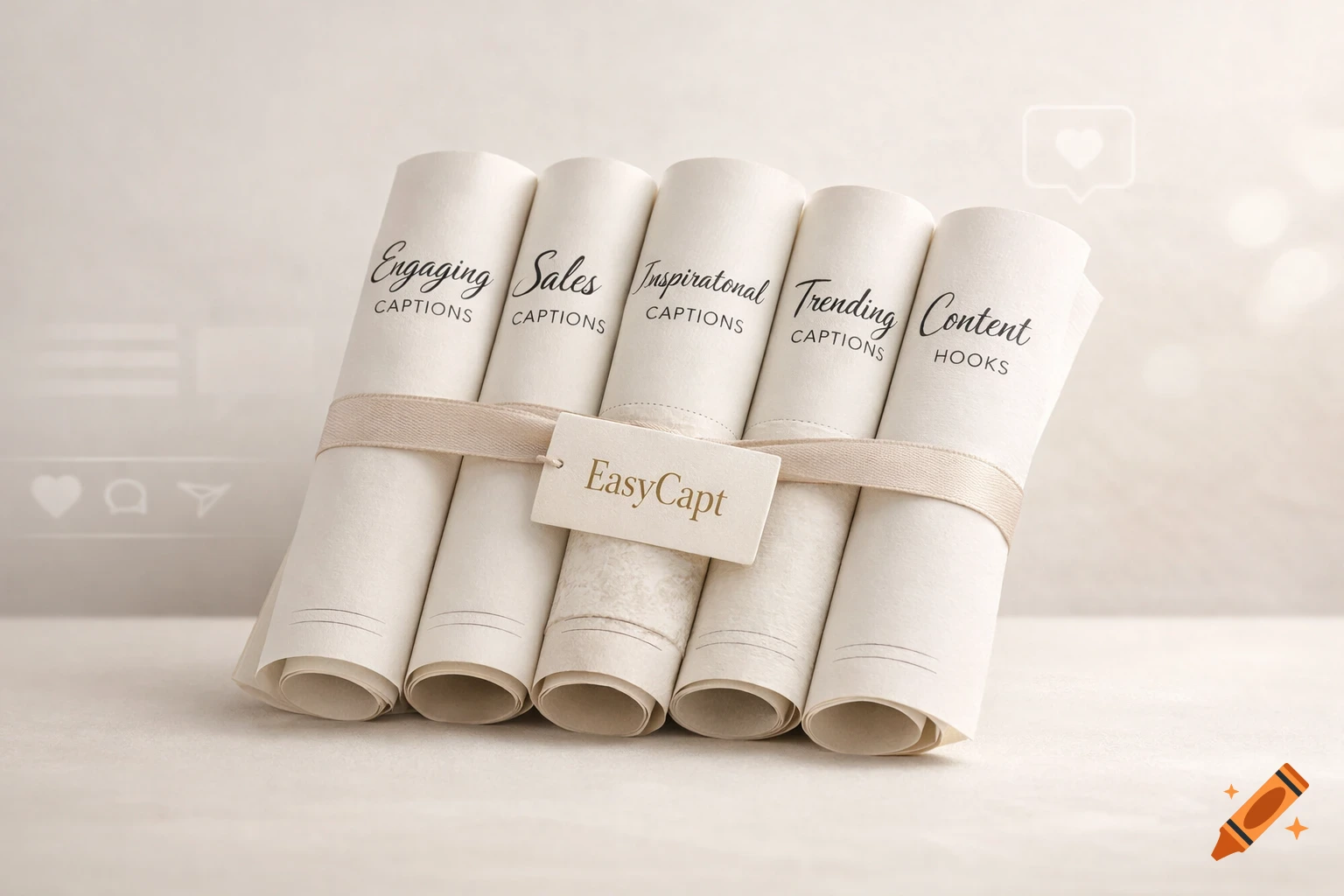 Five rolled bundles of paper labeled with social media captions like "Engaging" and "Sales," tied with a ribbon and an "EasyCapt" tag.