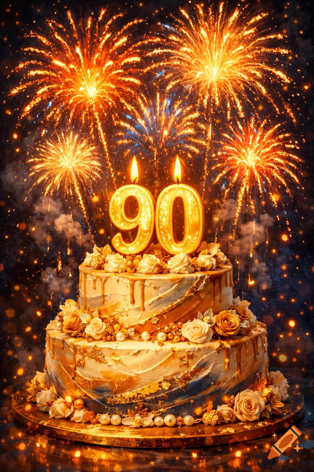 A two-tier birthday cake with golden 90 candles, white and gold frosting, pearls, and white roses, against vibrant orange fireworks.