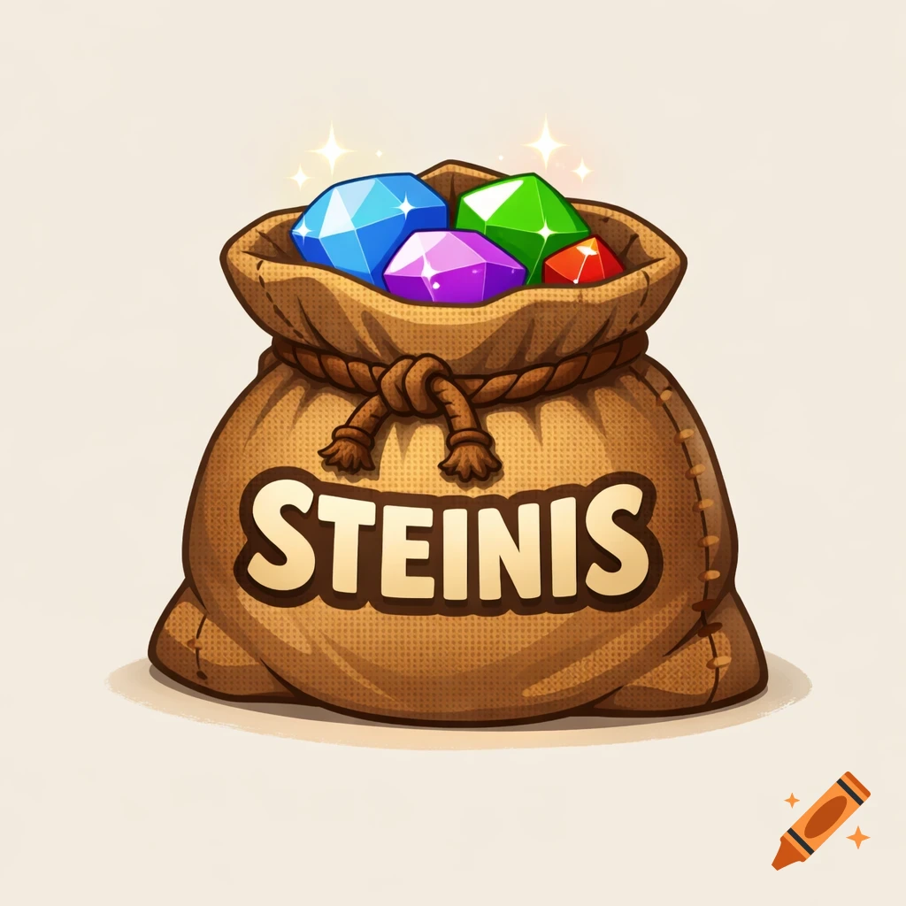 A cartoon sack tied with a rope, labeled 'STEINIS', filled with sparkling colorful gems, against a light background.