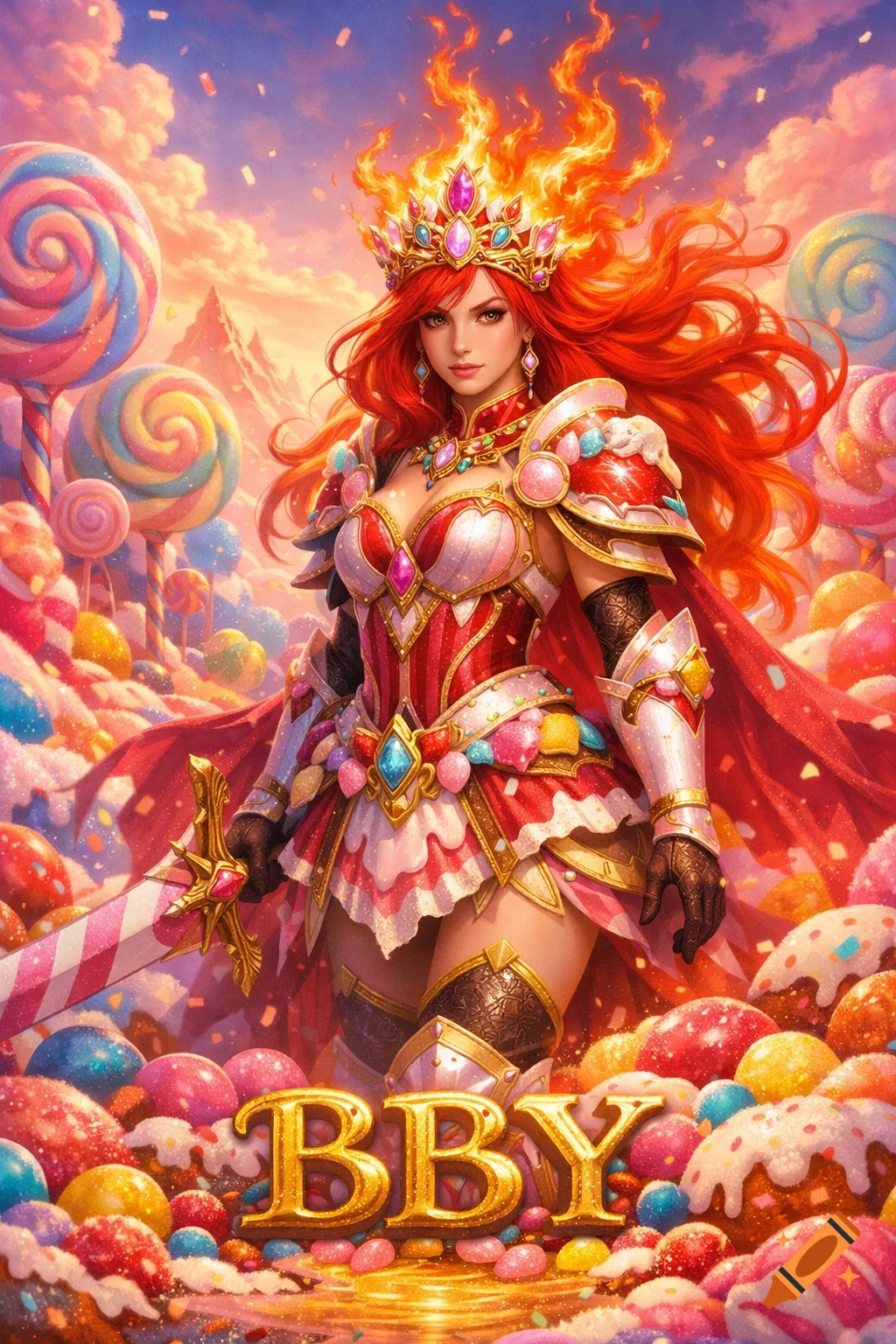 A vibrant fantasy illustration of a red-haired warrior princess with a fiery crown and candy armor, holding a candy sword in a candy land.