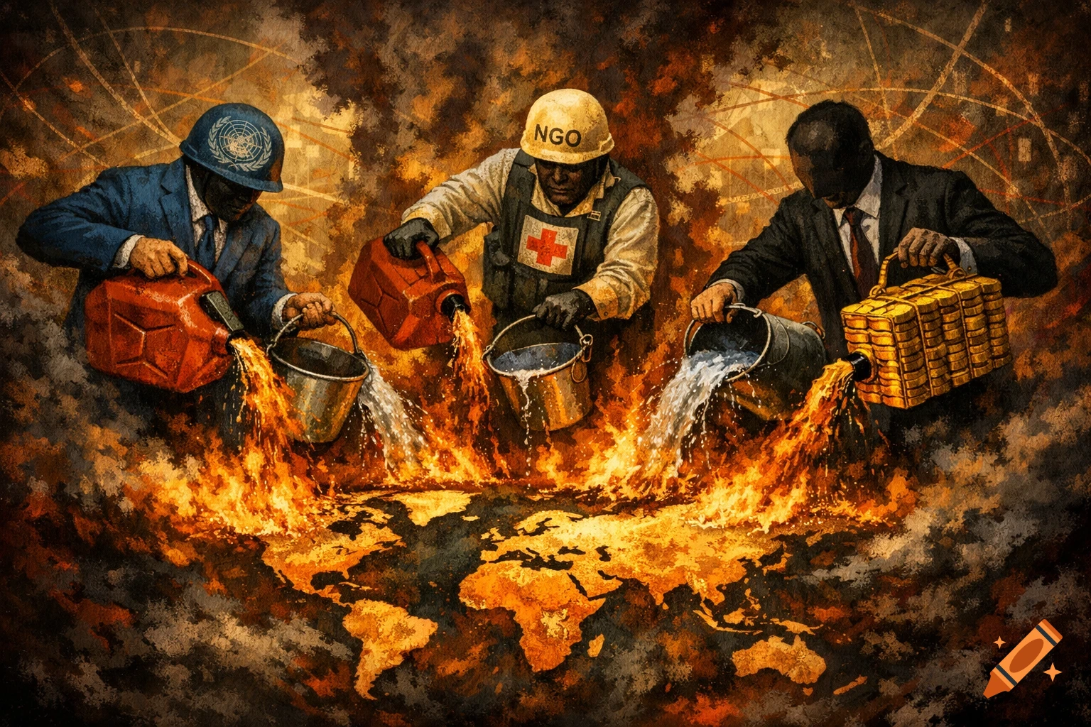 Three figures representing organizations pour liquid onto a burning world map, depicted in a dramatic, painterly style.