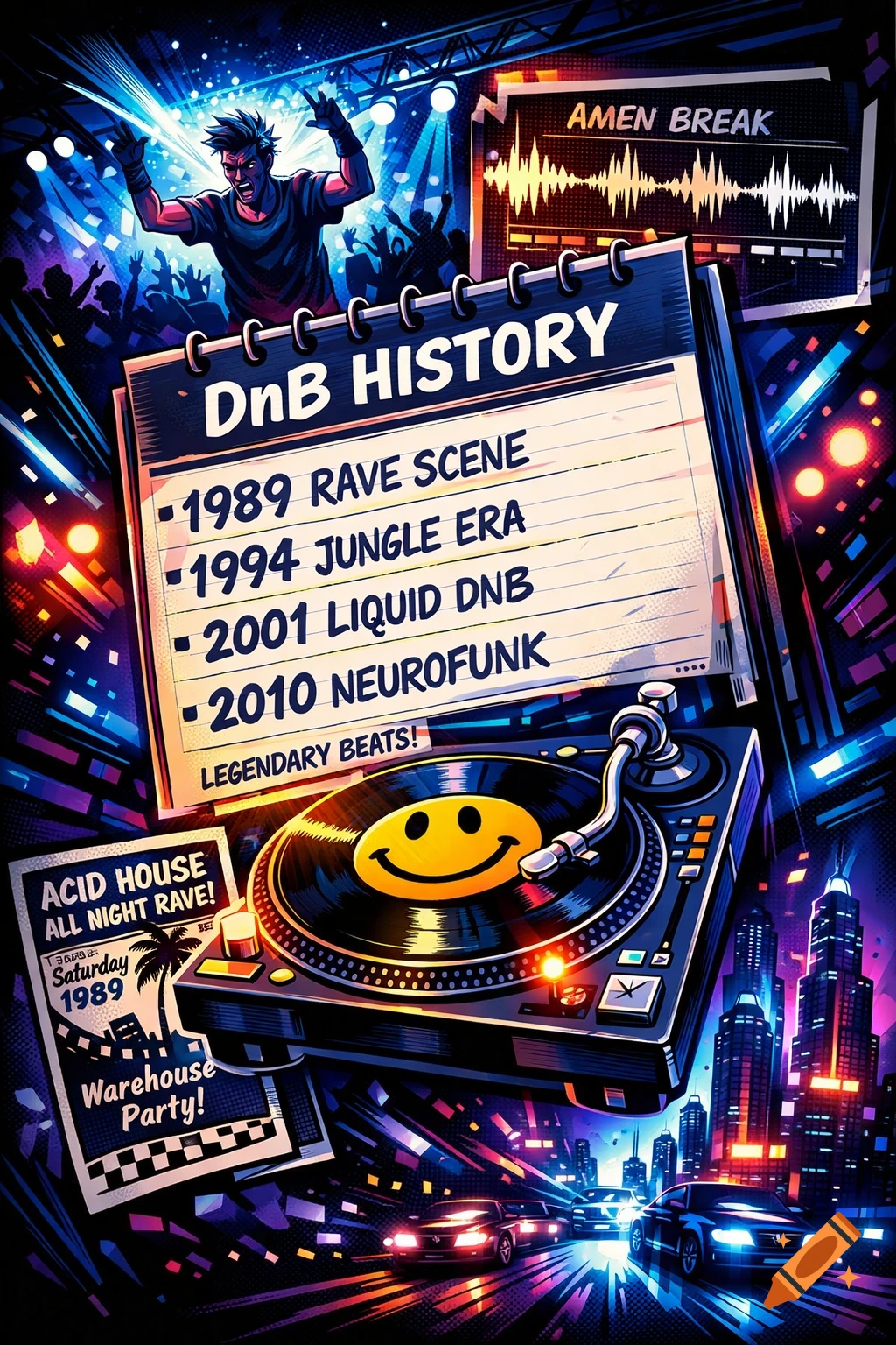 Vibrant illustration depicting DnB history, featuring a DJ, dancing crowd, turntable with smiley face, and a neon city at night.