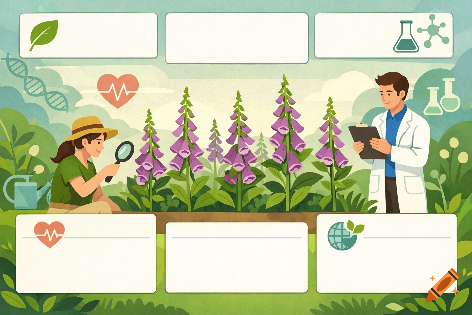 Educational illustration of scientists in a garden examining foxglove plants, with blank content boxes and science-themed icons.