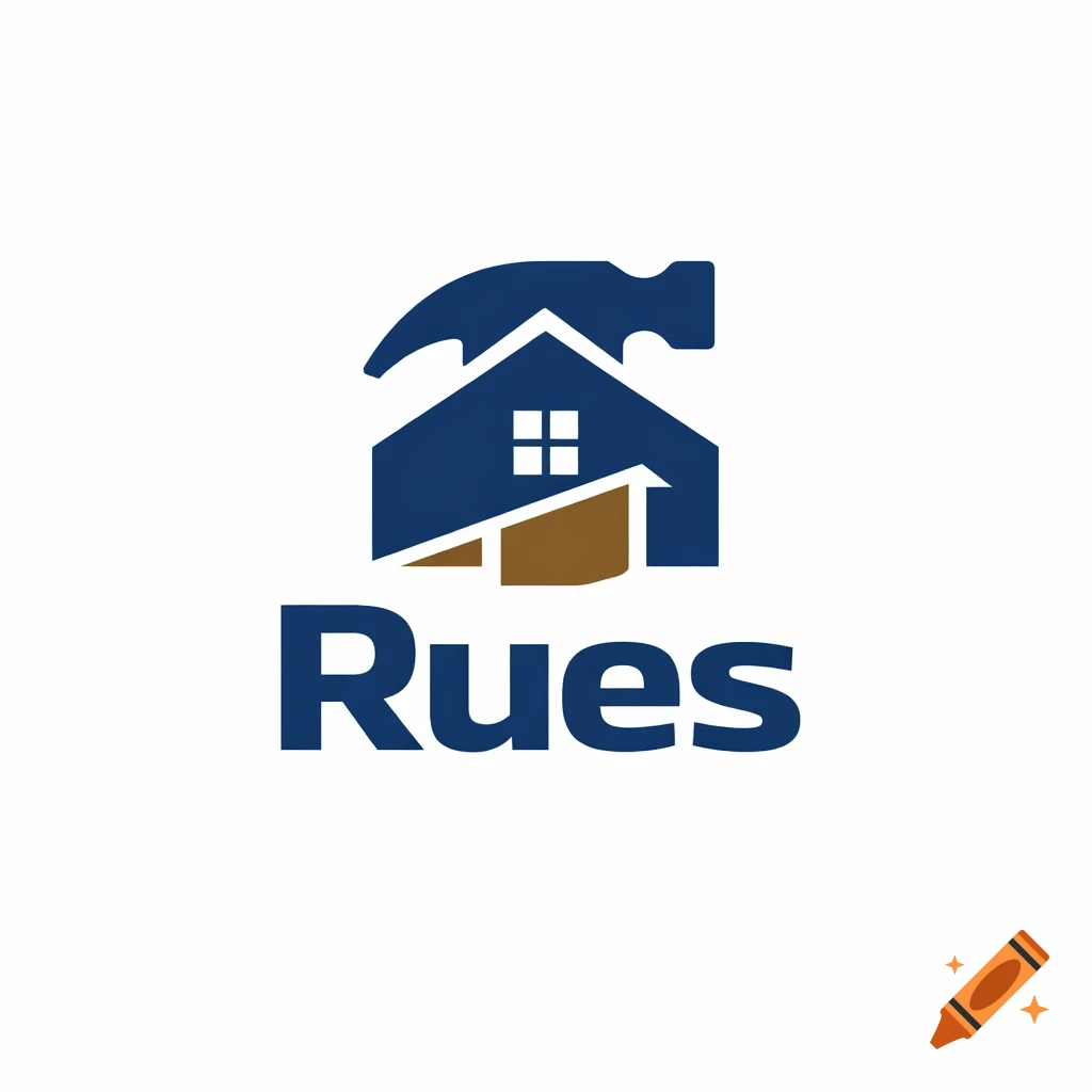 A logo featuring a blue stylized house and a hammer, with the name "Rues" in dark blue text below, on a white background.