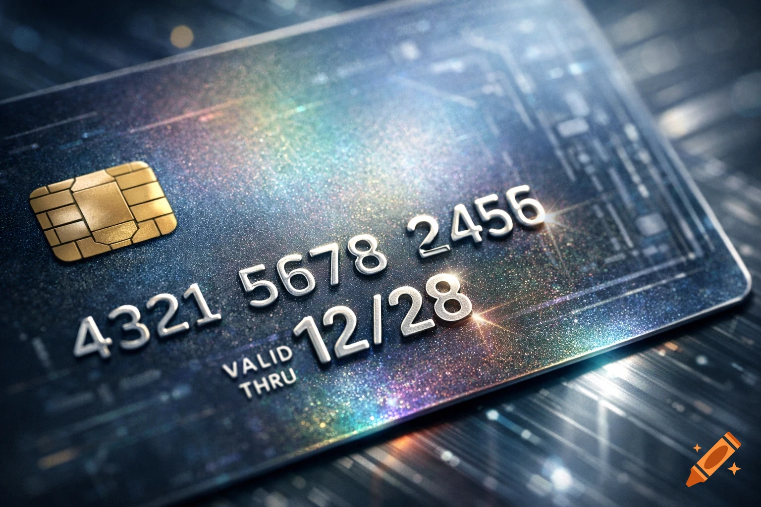 Close-up of a dark, glittery credit card with a gold chip, showing silver embossed numbers and a 12/28 expiry date.