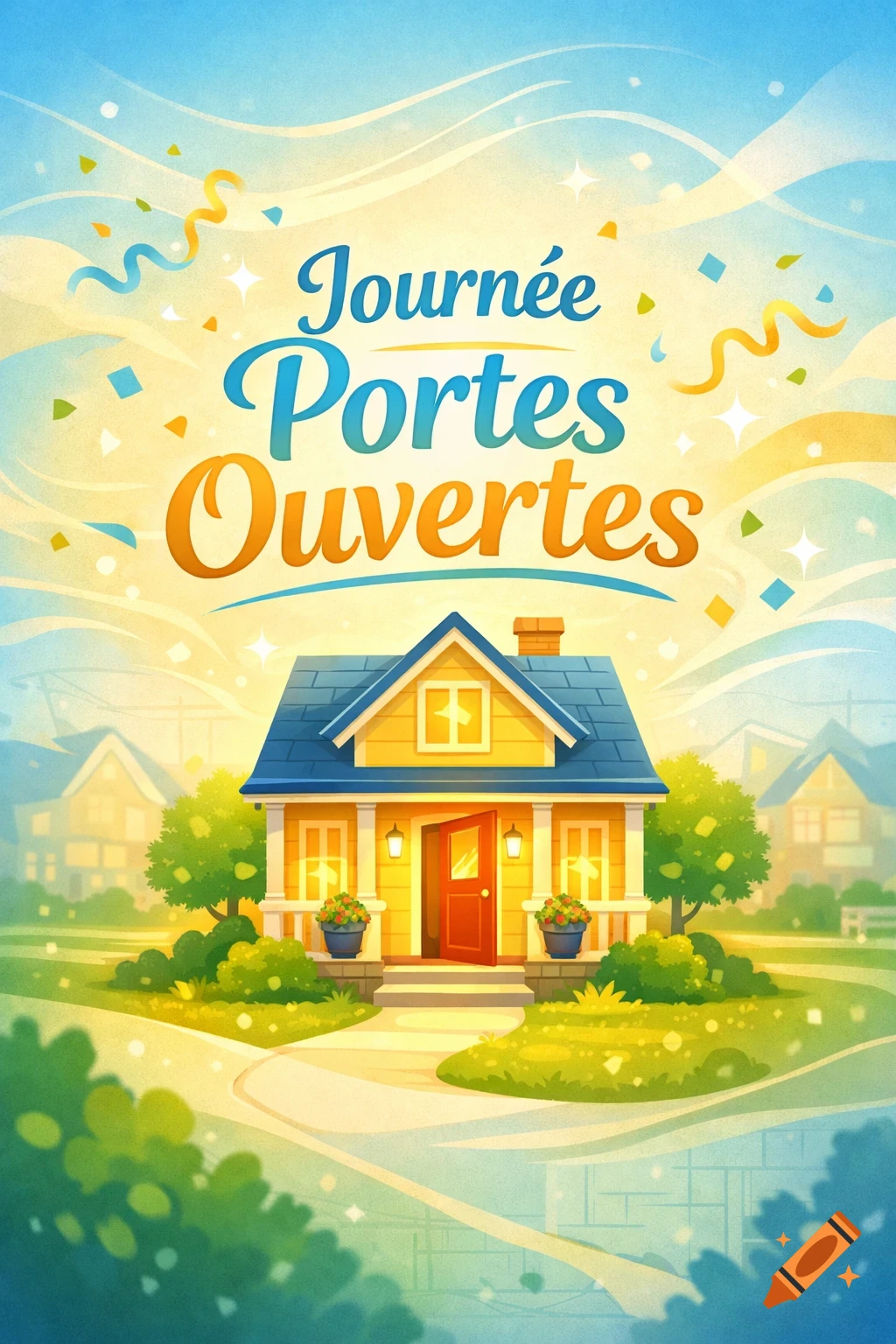 Cartoon illustration of a yellow house with an open red door, green lawn, and the text 'Journée Portes Ouvertes'.