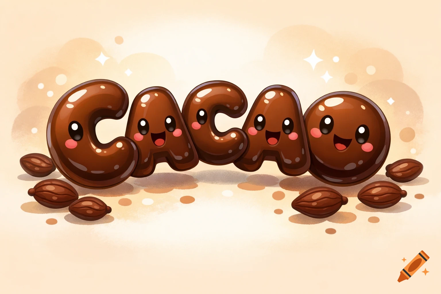 Kawaii illustration of the word 'CACAO' made of cute, smiling chocolate letters, with cacao beans and sparkles.