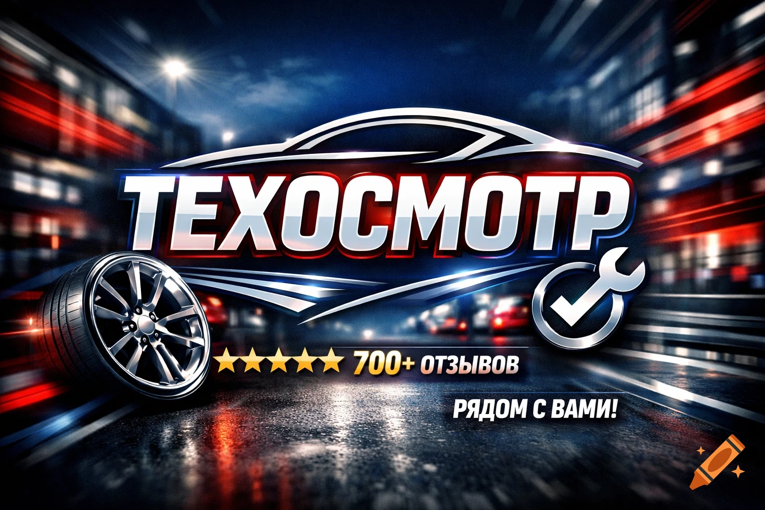 Dynamic car inspection advertisement with a stylized car outline, a tire, and a wrench icon against a blurred city night background. Text reads 'ТЕХОСМОТР', '700+ ОТЗЫВОВ', and 'РЯДОМ С ВАМИ!'