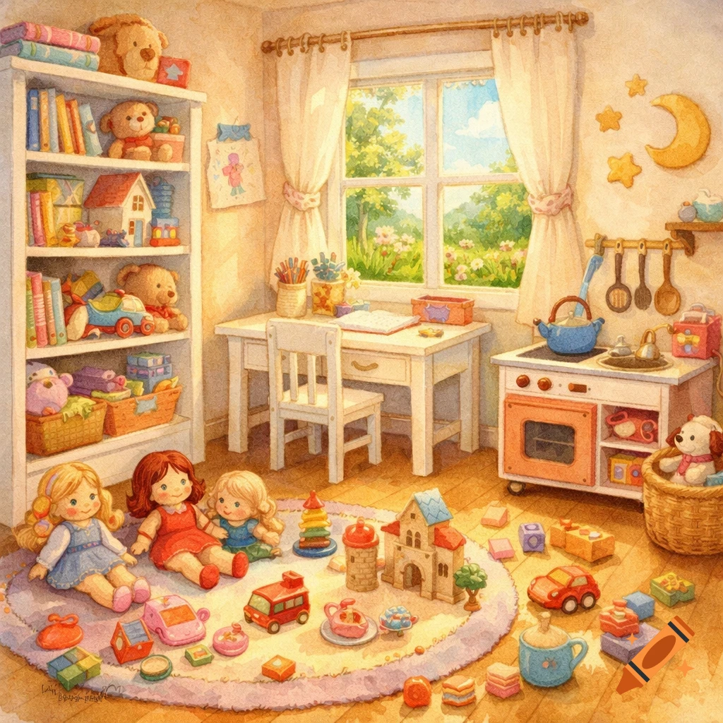 A sunlit, cozy children's playroom illustration with a white bookshelf, desk, toy kitchen, and dolls and toys on a rug.
