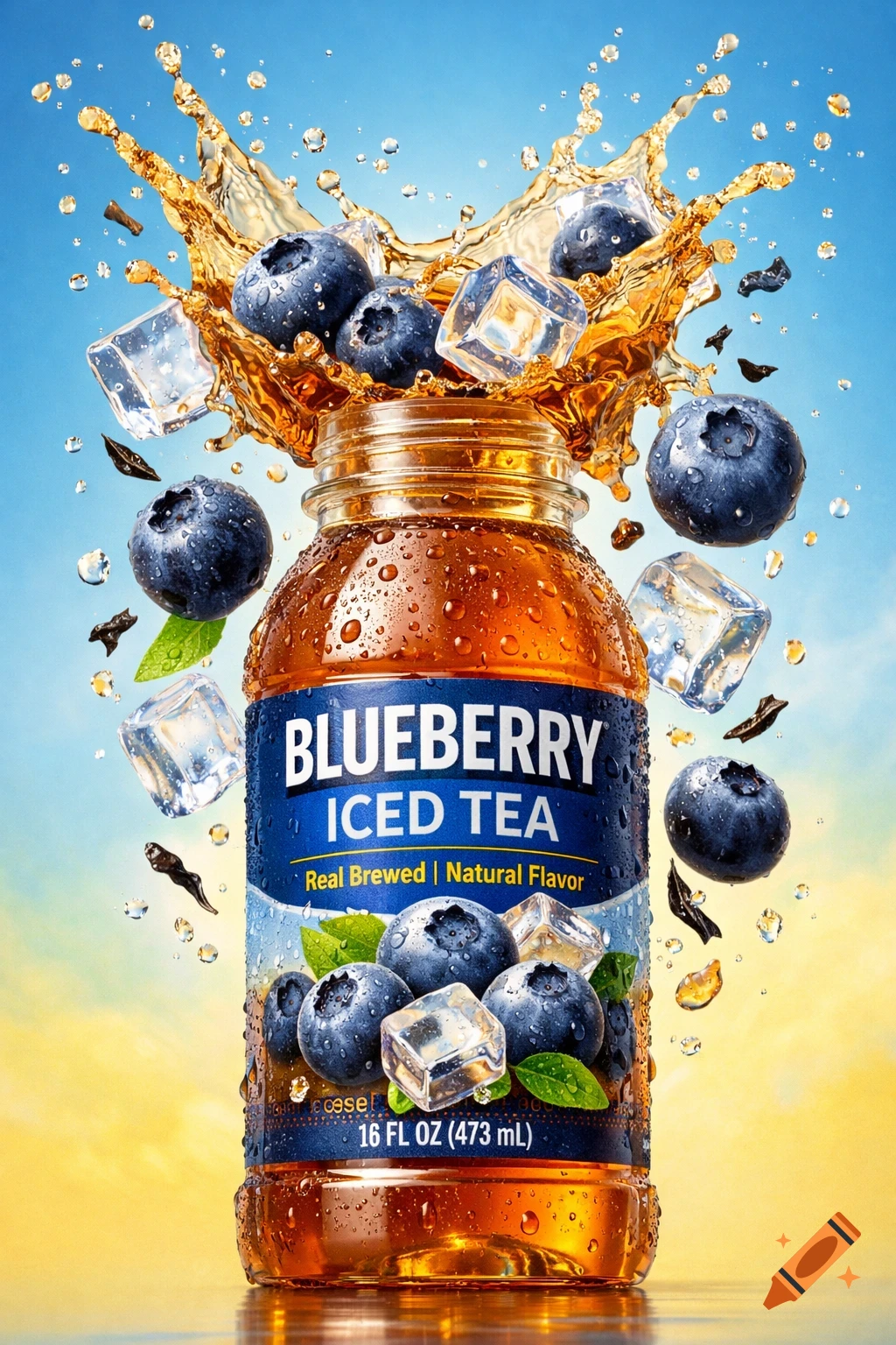 A photorealistic image of a blueberry iced tea bottle with tea splashing out, surrounded by blueberries, ice cubes, and water droplets on a vibrant blue and yellow background.
