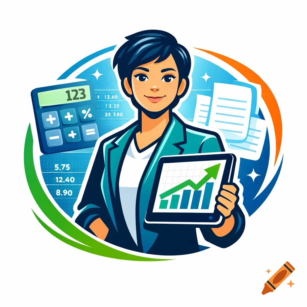 Smiling cartoon accountant with a calculator and a tablet displaying a growth chart, surrounded by financial documents.
