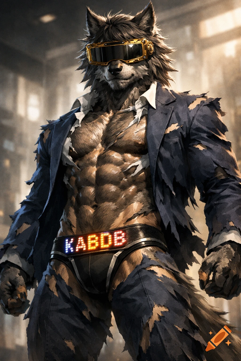 A muscular, shaggy anthropomorphic wolf man in torn navy suit and gold VR goggles, wearing a jockstrap displaying 'KABOB'.