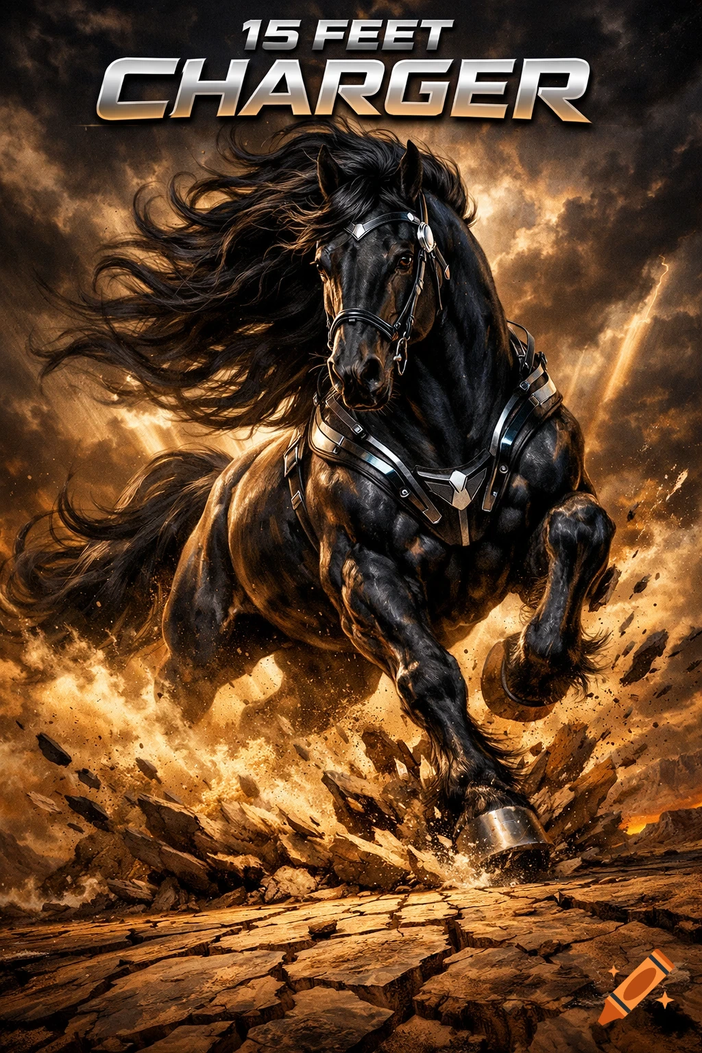 A powerful black horse with flowing mane and harness charges forward, shattering an arid landscape under a fiery, stormy sky, with '15 FEET CHARGER' text.