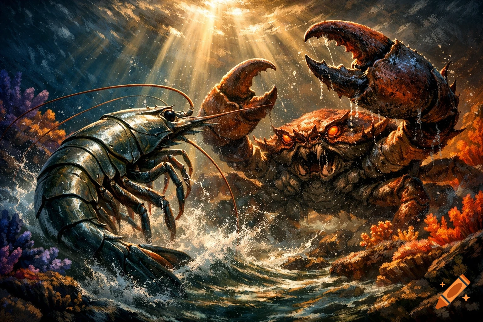 An epic fantasy illustration of a giant shrimp battling a monstrous crab underwater with sunlight streaming from above.
