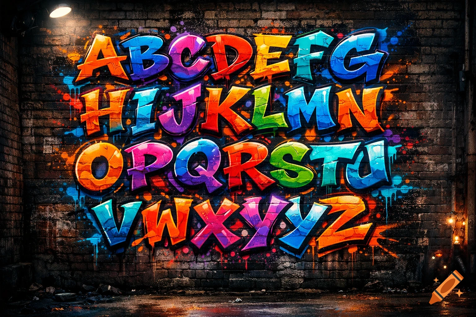 Colorful graffiti alphabet letters painted on a dark brick wall under a spotlight.