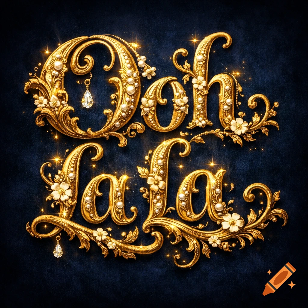 Ornate golden script spelling 'Ooh la la' with pearls, diamonds, and flowers on a dark blue background.