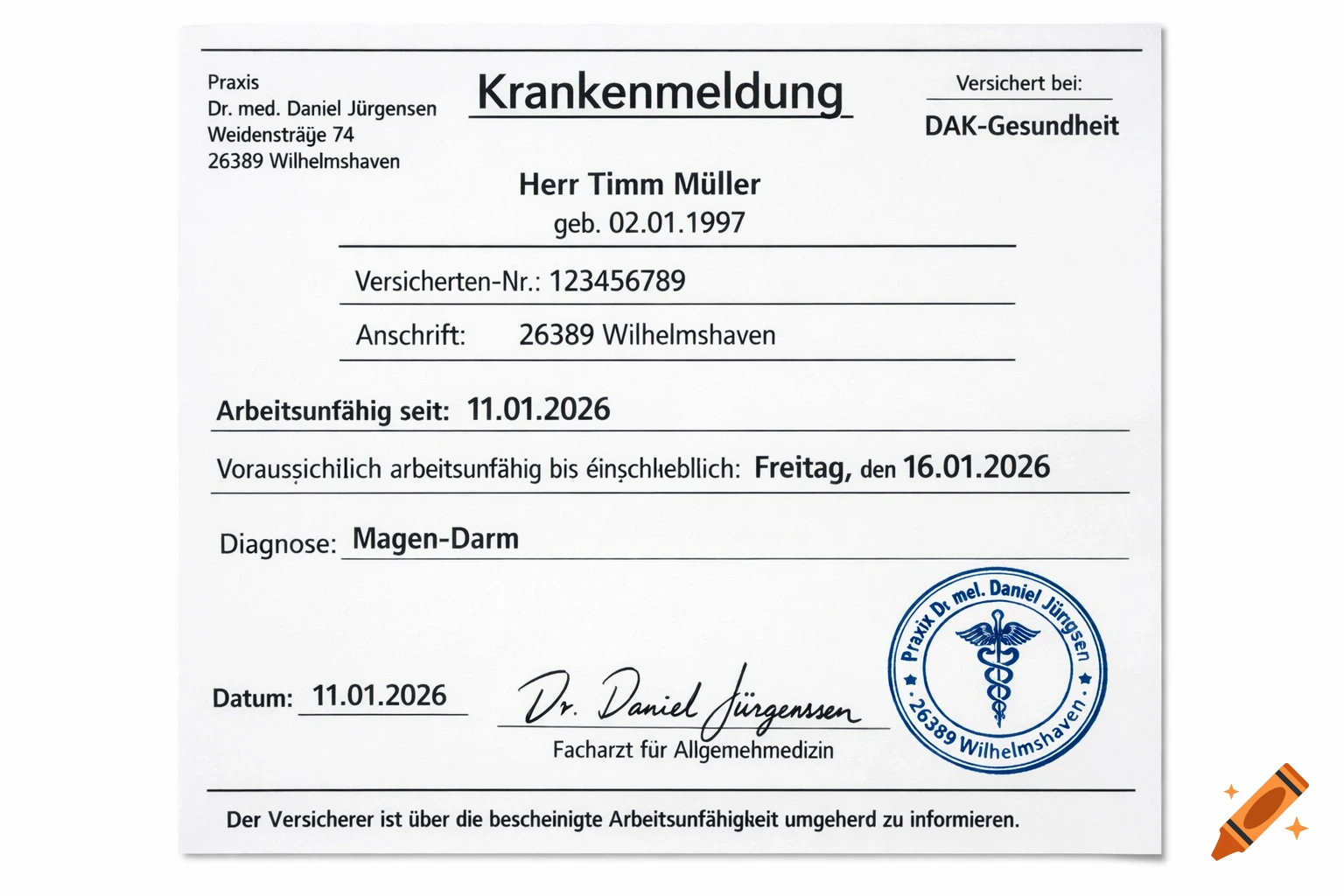 A German sick note (Krankenmeldung) form with filled-in details for Timm Müller, dated January 11, 2026.