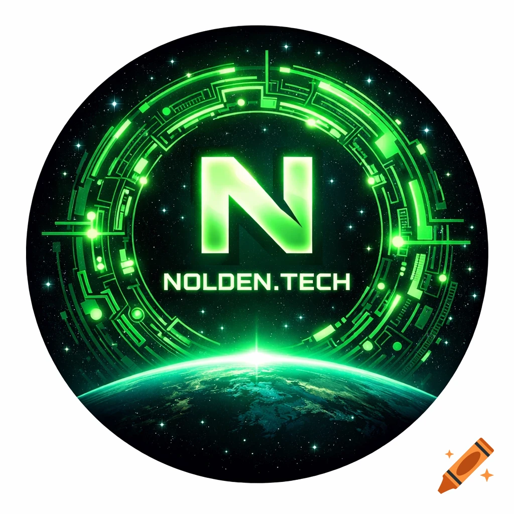 A circular app icon features a glowing green 'N' and 'NOLDEN.TECH' text, set against a circuit board pattern, stars, and a planet's horizon.