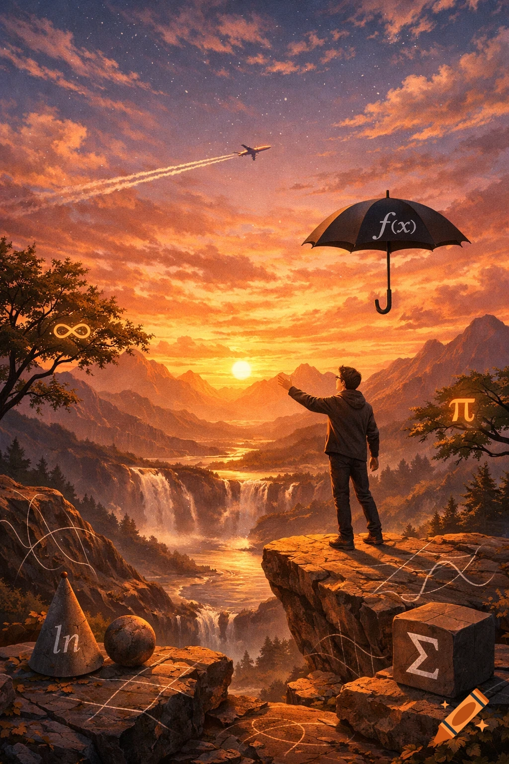 A man on a cliff overlooks a vibrant sunset landscape with waterfalls and mountains, featuring mathematical symbols.