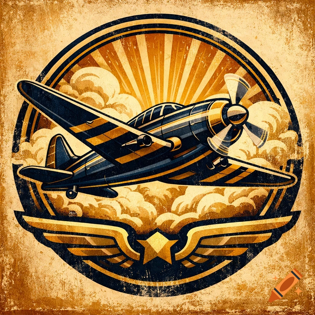 Vintage-style logo of a blue and gold propeller airplane flying through clouds, with sun rays, a star, and wings.