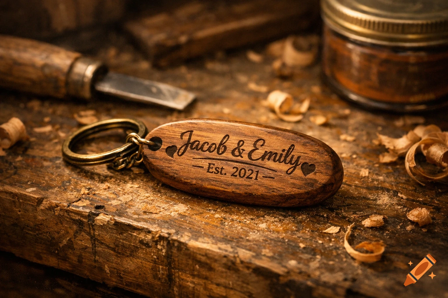 Close-up of a wooden keychain engraved with 'Jacob & Emily Est. 2021' on a rustic workbench with wood shavings and tools.