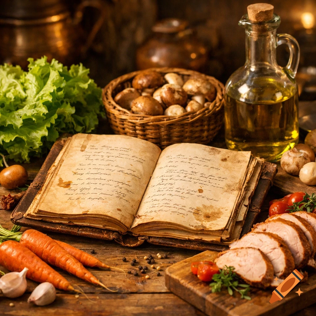 A rustic kitchen scene with an open recipe book, carrots, lettuce, olive oil, mushrooms, and sliced turkey on a wooden table.