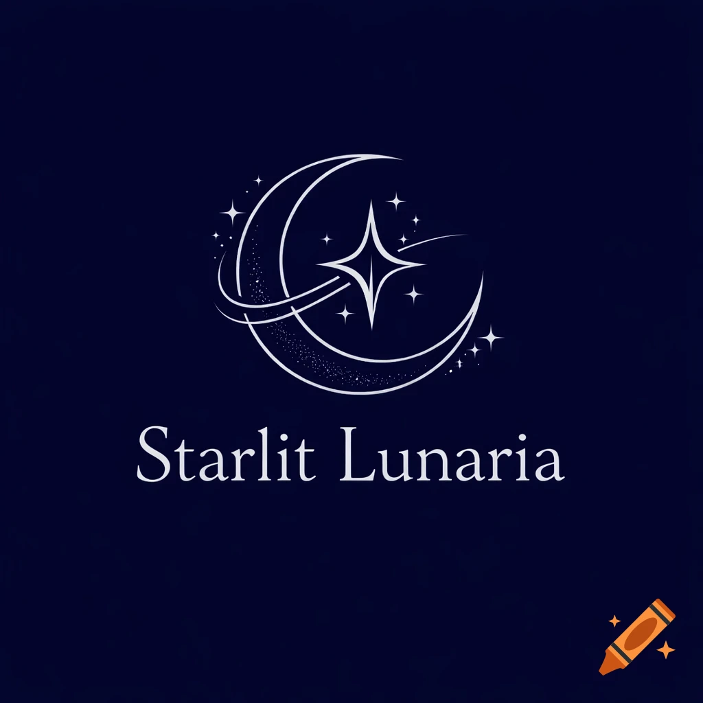 Minimalist line art logo for Starlit Lunaria, featuring a crescent moon, stars, and an orbiting star on a dark blue background.