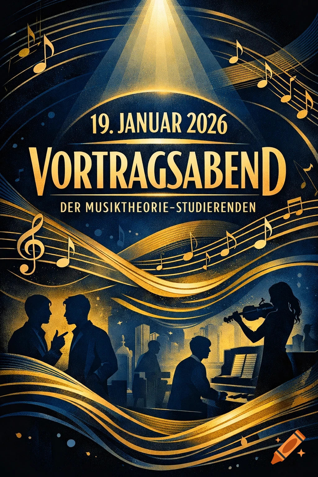 Art deco poster in blue and gold for a music theory lecture on Jan 19, 2026, with musicians' silhouettes.