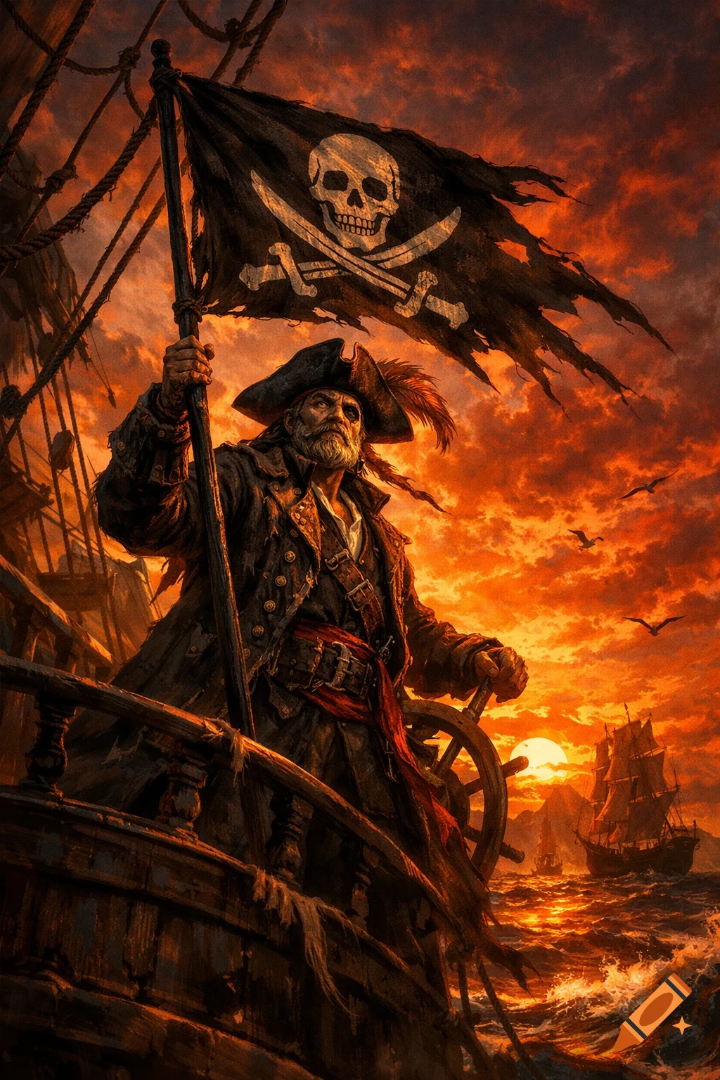 Digital art of a rugged pirate captain holding a skull and crossbones flag on a ship at sunset, with other ships in the background.